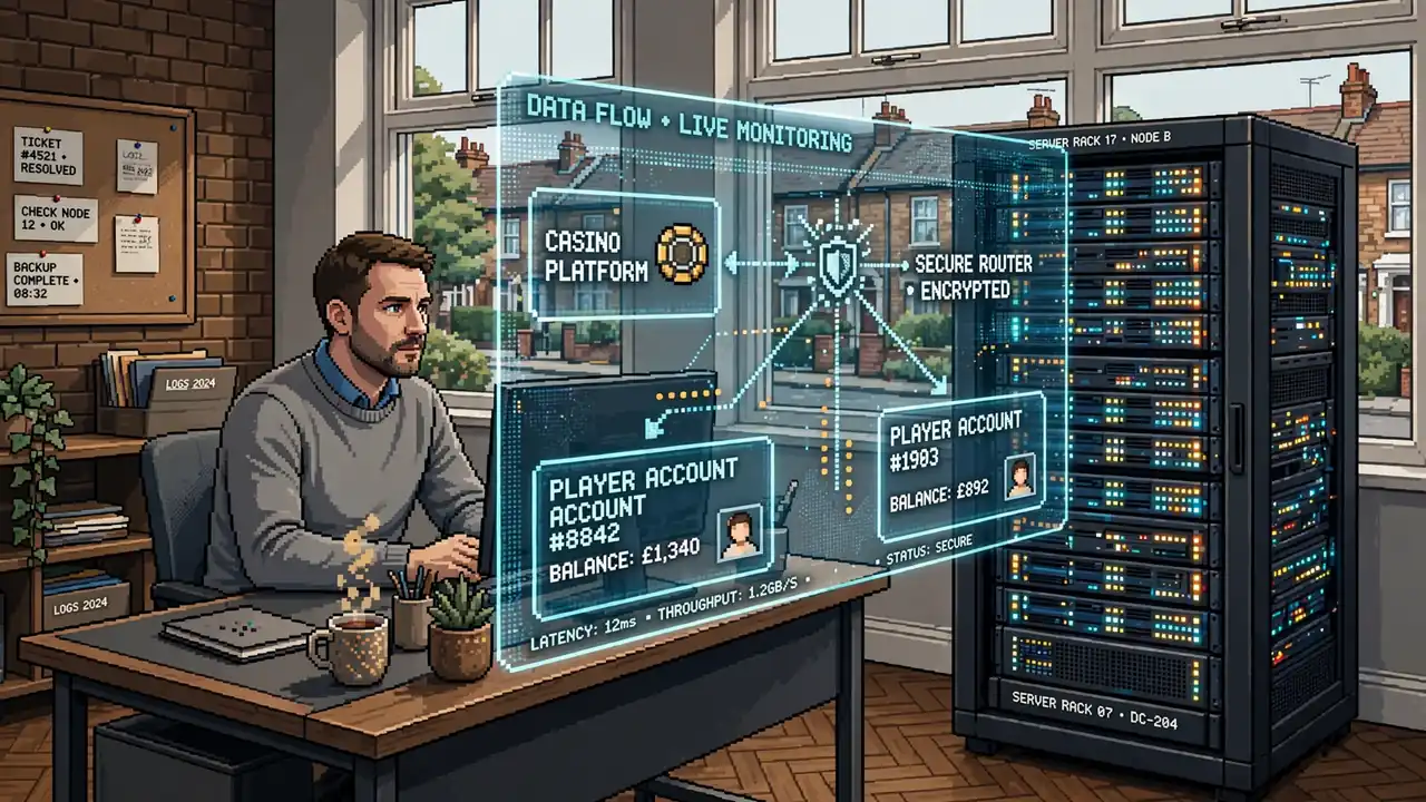 Tech specialist monitoring casino server racks