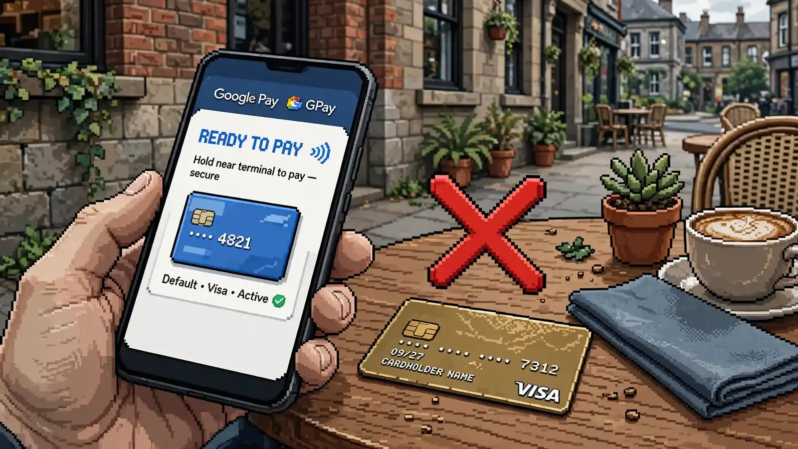 Hand showing e‑wallet app with prohibited credit card