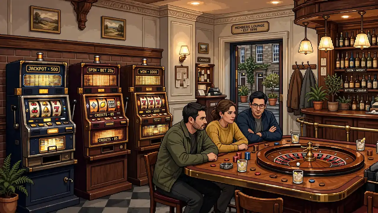 Casino floor with slot machines and roulette table